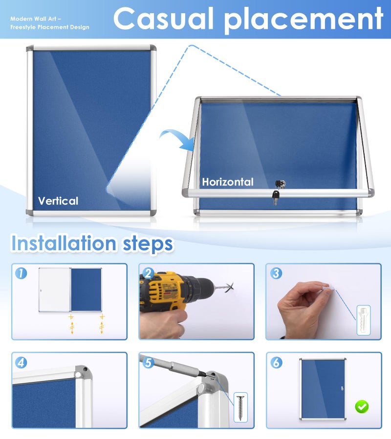 S SWANCROWN لوحة إعلانات قابلة للقفل SWANCROWN، لوحة عرض محمية ضد العبث للاستخدام المنزلي والمكتبي والمدرسي، مثبتة على الحائط، قماش أزرق، 26x20 بوصة (4xA4) - Image 4